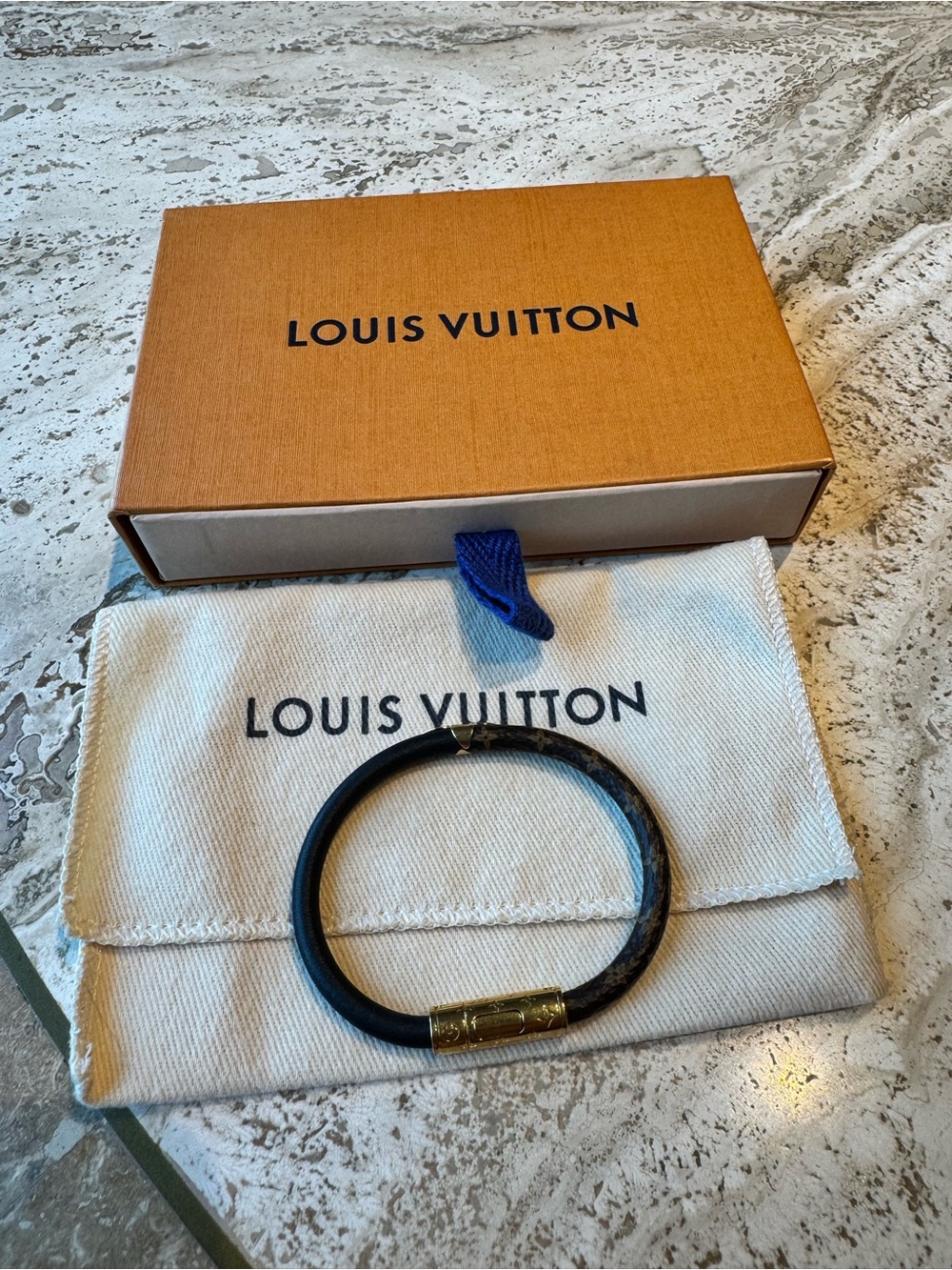 Louis Vuitton Black Monogram Leather Bracelet with Gold Accent Clasp
